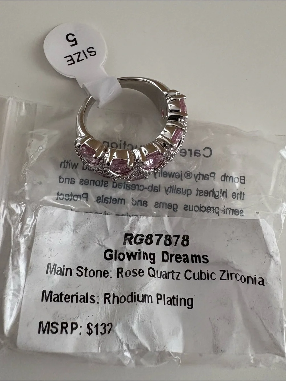 Bomb Party Glowing Dreams Ring RG87878 Rose Quartz CZ Rhodium Plating